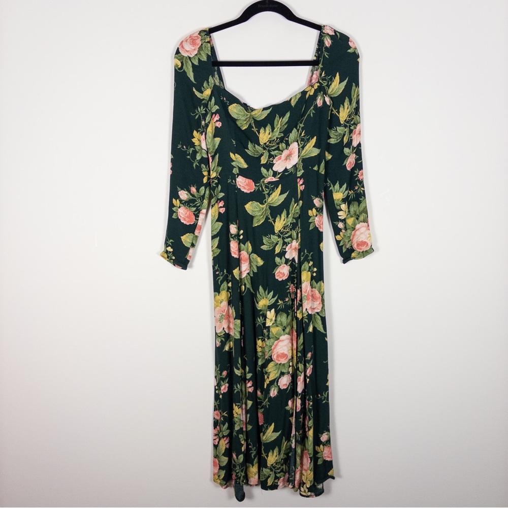Reformation Sigmund Green Floral Long Sleeve Midi Dress
